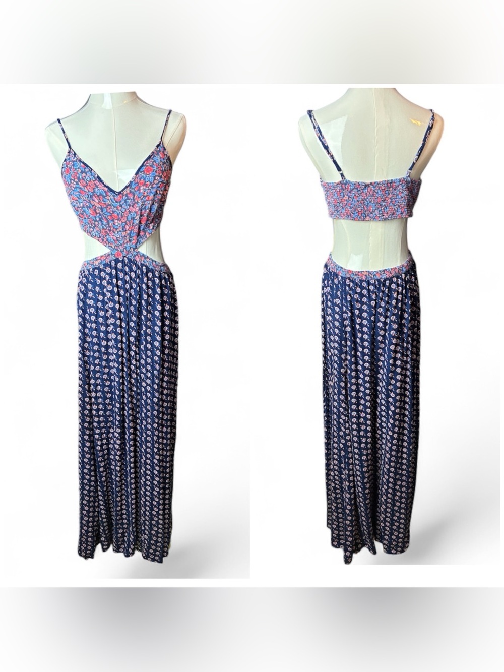 Aerie Floral Navy Blue Cutout Maxi Dress